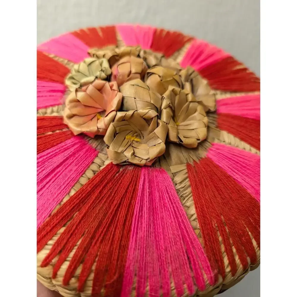 Mexican Colorful Palm Straw Pink Red Yarn Basket Lid Handmade Mexico Boho 8x5